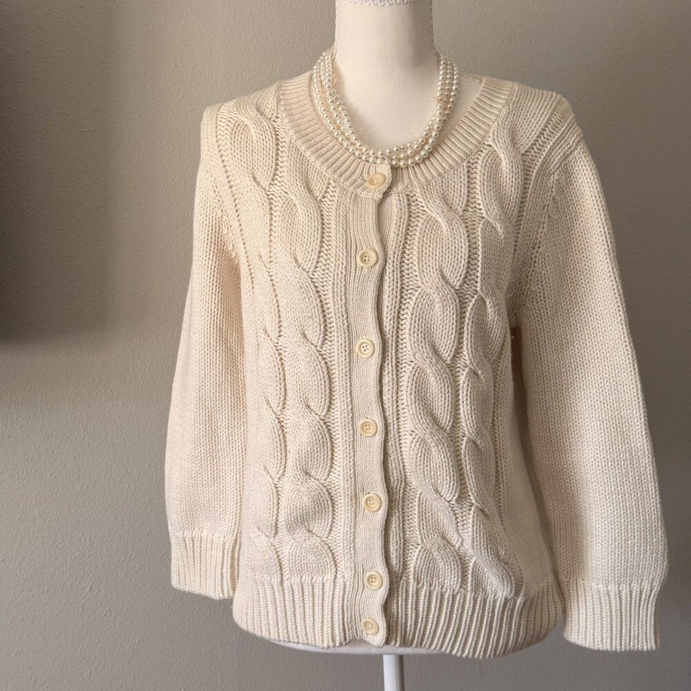 Talbots Cardigan Cream Chunky Cable Knit 3/4 Sleeve coastal cottage work capsule